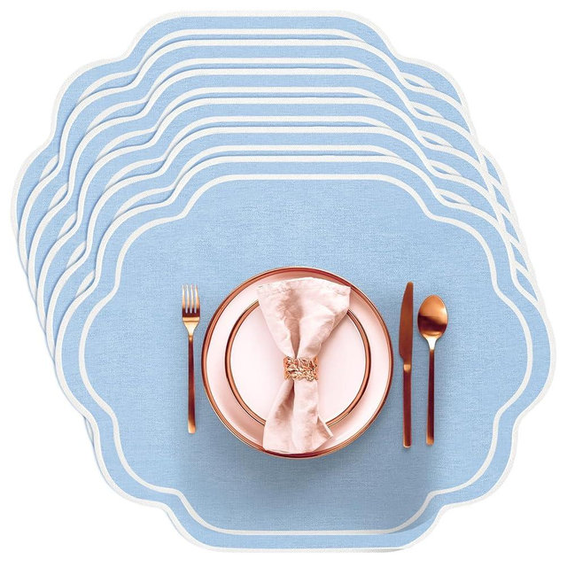 Breling Set of 6 Wedding Placemats Scalloped Embroidered Cotton Linen Placemats 17" x 13" Double Layered Machine Washable Table Place Mat for Party Table Decor(Light Blue)