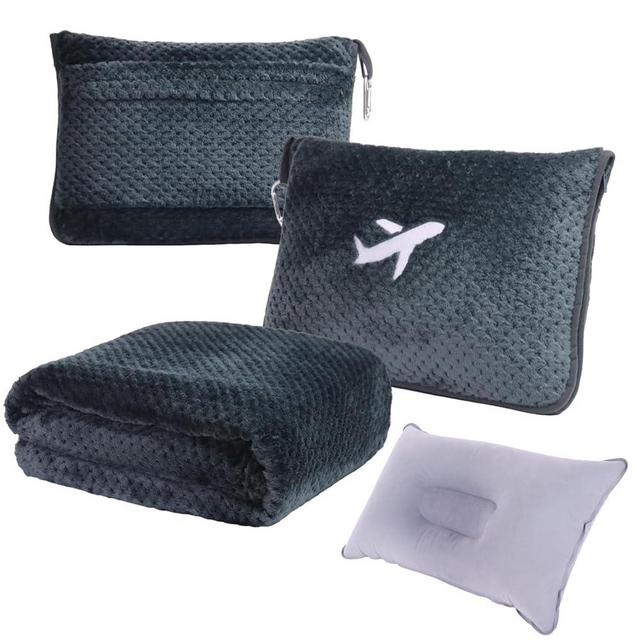 Nenolix 3 in 1 Travel Blanket Pillow Set - 350 GSM Thick Travel Blanket Airplane Compact with Bag, Soft Bag with a Pocket, Inflatable Travel Pillow for Camping & Car Trip (Dark Grey)