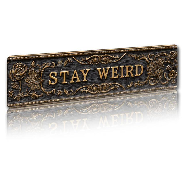 Homervip Decorative Tin Signs Stay Weird Ornate Gold Floral Design 100% Aluminum Rustproof Waterproof Corrosion Resistant for Home Entryway, Living Room, and Quirky Space Wall Decor