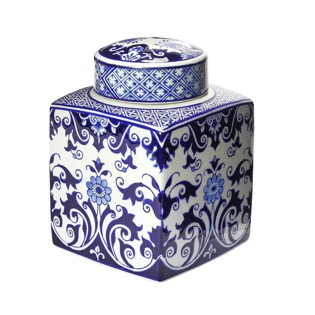 Storied Home Decorative Square Ceramic Ginger Jar with Lid for Small Spaces, Blue and White