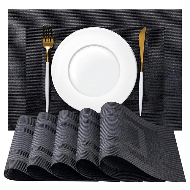Placemats Set of 6 - Easy Clean Woven Vinyl Placemats for Dining Table, Indoor/Outdoor Place Mats, Washable PVC Table Mats（Black Cube）