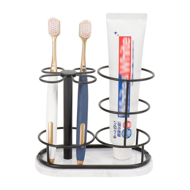 HarJue Toothbrush Holder Stand for Bathroom, Metal Toothbrush Organizer with Marble Base, Toothbrush Storage Collection for Family, Suitable for Home Hotel Countertop Vanity (Medium, Matte Black)