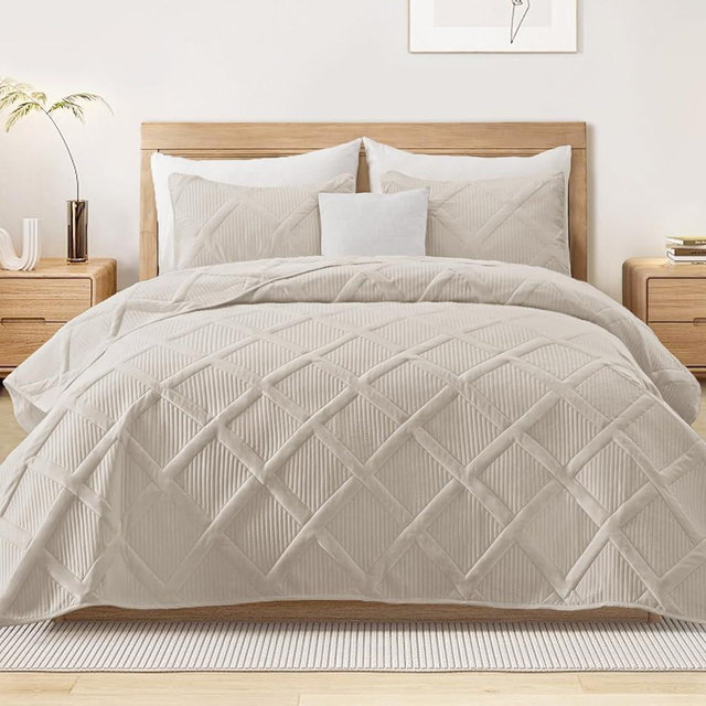 Exclusivo Mezcla Quilt Set King Size, 3 Pieces Brich Beige King Quilt Bedding Set, Lightweight Quilts Soft Bedspreads Modern Striped Coverlets for All Seasons