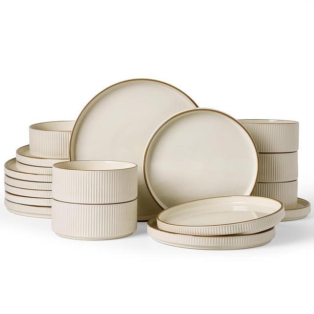 Famiware Star Dinnerware Set, Plates and Bowls Sets for 6 (18pcs), Ribbed Stoneware Dishes - Chip & Scratch Resistant, Microwave & Dishwasher Safe Kitchenware, Cream