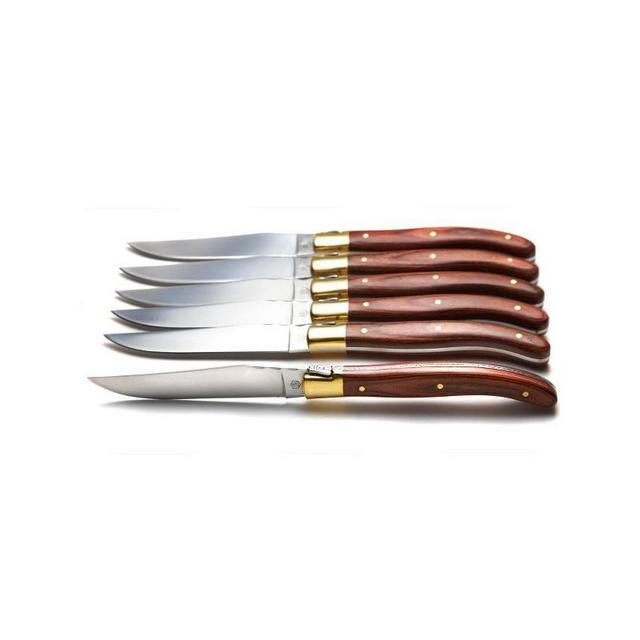 Boxed set of 6 brass bolsters steak knives, exotic wood