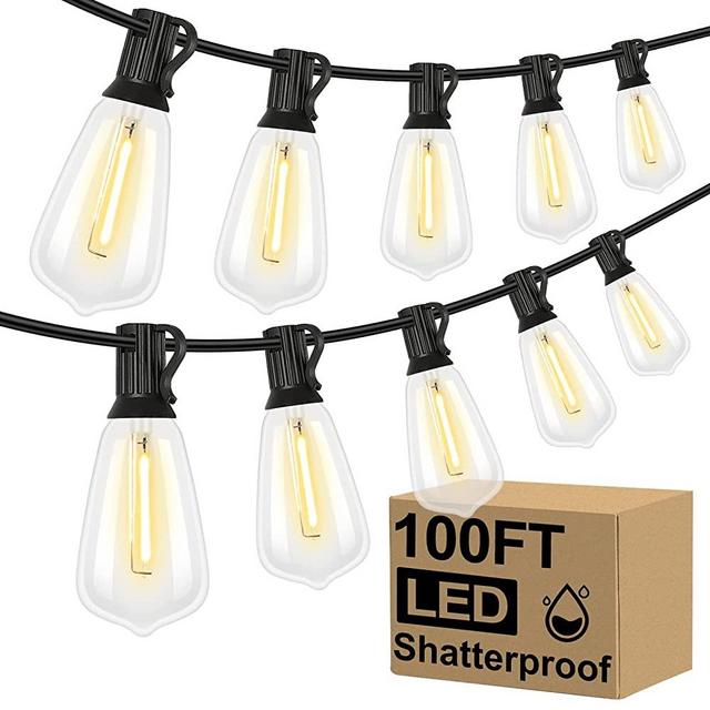 LED Outdoor String Lights 100FT Patio Lights with 52 Shatterproof ST38 Vintage Edison Bulbs, Outside Hanging Lights Waterproof for Porch, Deck, Garden, Backyard, Balcony, 2700K Dimmable