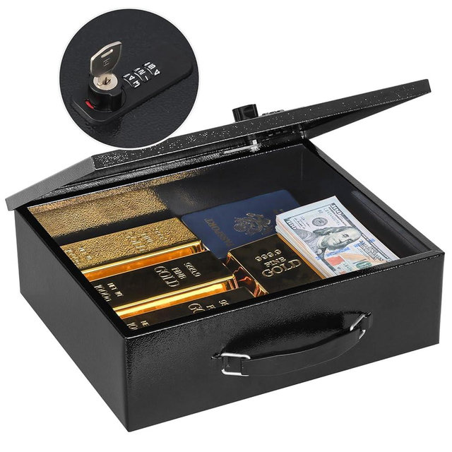 KYODOLED Fireproof Lock Box for Documents,Dual Combination and Key Lock Security Chest with Carrying Handle,Metal Strong Safe Box to Keep Personal Items,Documents, Exterior 13.2''x 11''x4.13'', Black
