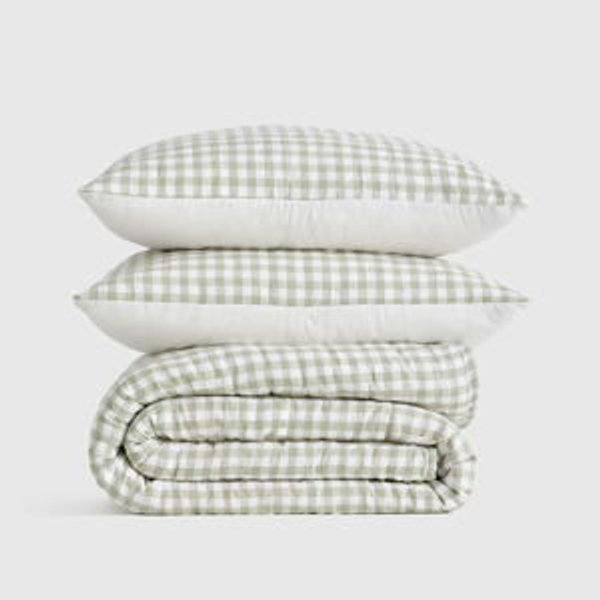 European Linen Patterned Quilt Set - Willowleaf Gingham, King/Cal King