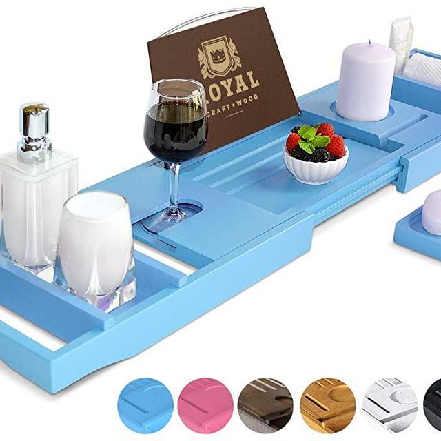 ROYAL CRAFT WOOD Luxury Bathtub Caddy Tray - Limited Edition, Bonus Free Soap Holder (Blue)