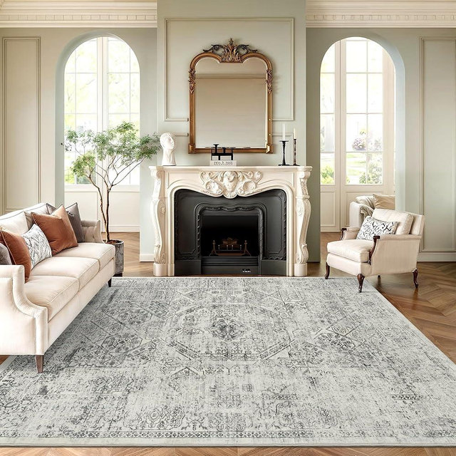 Soalmost Washable Area Rug 8x10, Gray Soft Rug for Living Room Vintage 8x10 Area Rugs for Bedroom Dining Room Floral Non-Slip Thin Grey Rug