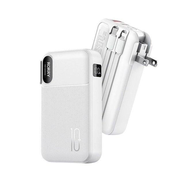 RORRY Portable Charger Built in Cables, AC Wall Plug In Portable Charger Power Bank 10000mAh Travel Battery Pack 22.5W Fast Charging for iPhone 17/16/15 Samsung Galaxy S24/S23/S22 Pixel LG iPad, White
