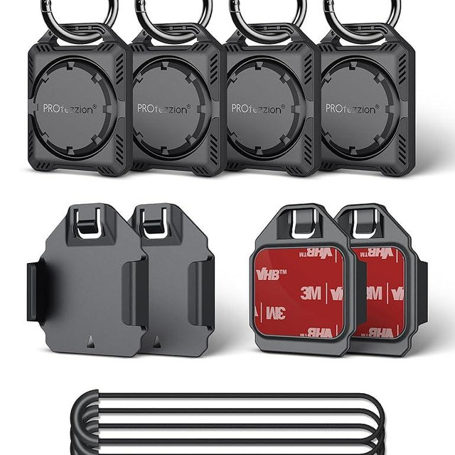PROfezzion 4-Pack Secure AirTag Holder Air Tag Case with Key Ring, 3M Adhesive Mount & Loop Strap for Keychain, Dog Collar, Backpack, Luggage Bag, Car & More, IPX8 Waterproof, Full Cover & Discreet