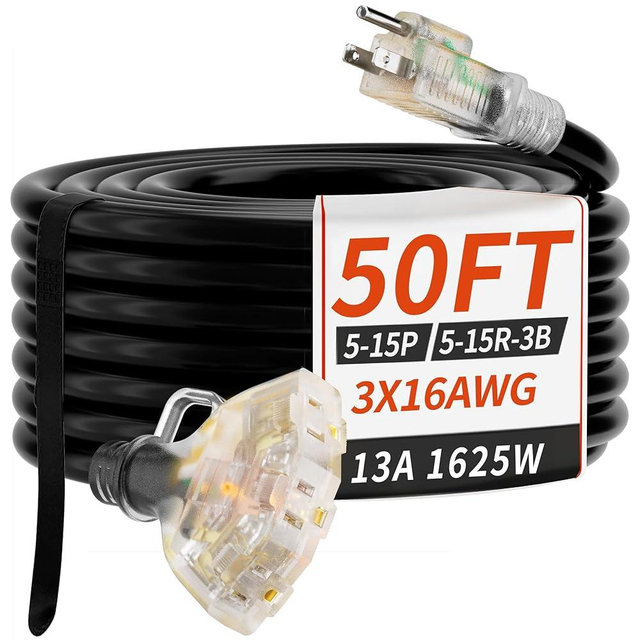 PlugSaf 50 FT 16/3 Gauge Outdoor Extension Cord with Multiple Outlets Light Indicator, Flexible 3 Outlet Weatherproof Heavy Duty Extension Cord Waterproof Black, 13A 1625W 16AWG SJTW, ETL Listed