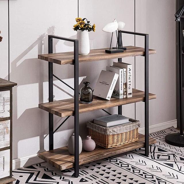 Apicizon 3-Tier Bookshelf with Industrial Shelves, Open Vintage Wood and Metal Bookcase, for Bedroom, Living Room, Kitchen(Grey Oak)