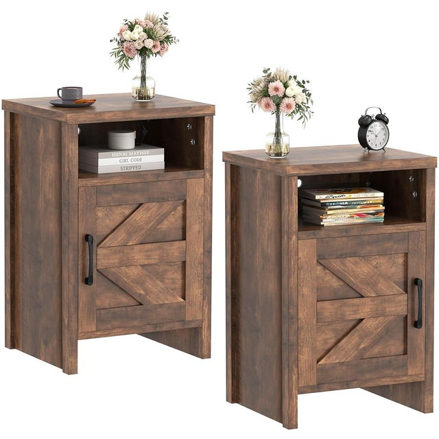 JUMMICO Farmhouse Nightstand, Modern Bedside Table with Barn Door and Shelf, Rustic End Table Side Table for Bedroom, Living Room (2, Rustic Oak)