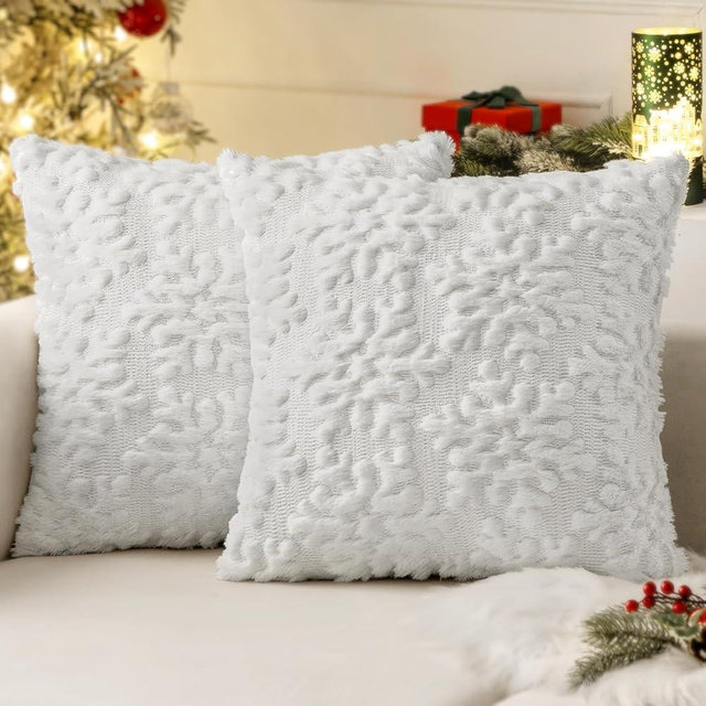 MIULEE Christmas Pure White Throw Pillow Covers Snowflakes Decorative 18×18 Inch Faux Wool Winter Festival Couch Pillow Covers Set of 2 Farmhouse Holiday Home Decors for Sofa Livingroom Bed