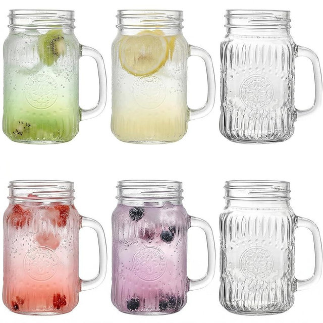 SUT Mason Jar Drinking Glasses with Handle, 6 Pack, 16 Oz Vintage Embossed Mason Jar Cups for Iced Coffee, Juice, Tea and Beer