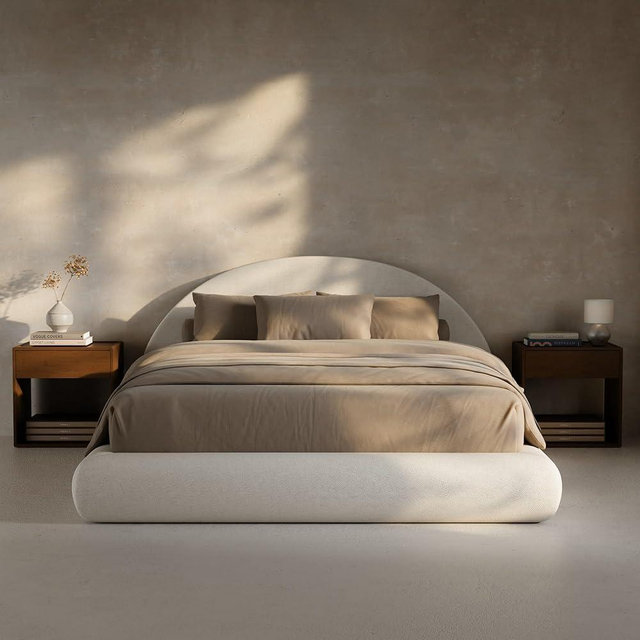 RECCI AirFrame Half-Moon Upholstered Queen Platform Bed Frame, Velvet Curved Arched Base with Headboard, 5 Inch Fully Round Cushioned Foam, No Box Spring Needed, Easy Assembly | Round Shaped, Boucle, Low-profile, Soft