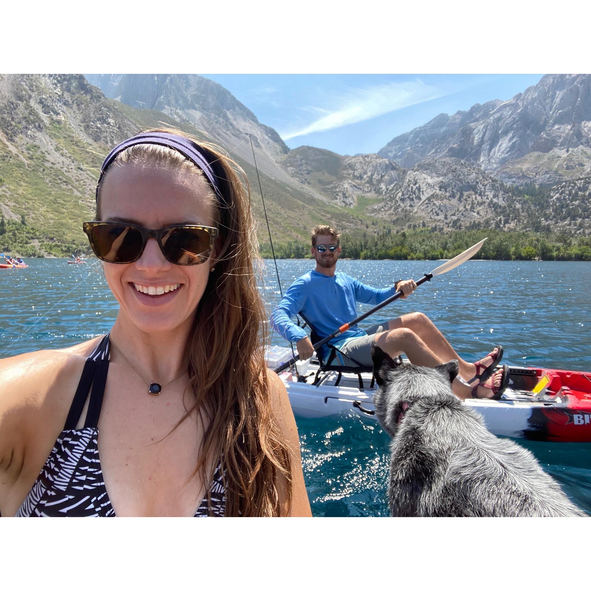 One of our adventures: This time kayaking on Convict Lake with the Cali dog.