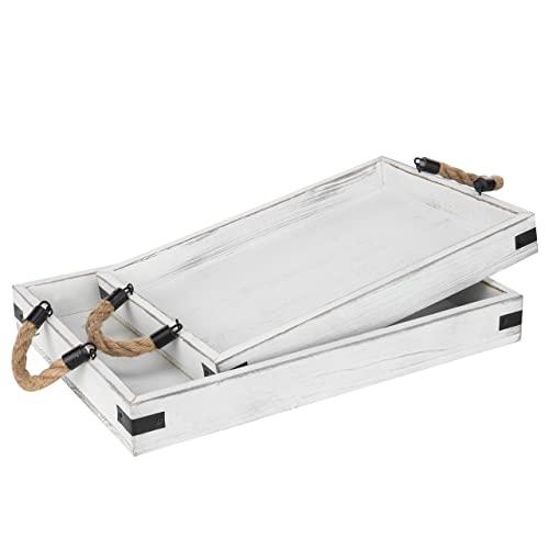 MyGift Set of 2 Nesting Vintage White Wood Serving Trays with Rope Handles