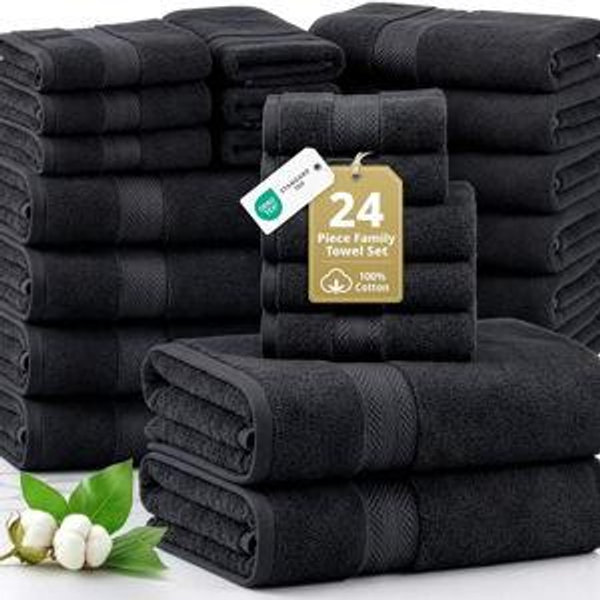 Black Lane Linen Bathroom Towels Sets - 24 PCs - 100% Durable Cotton Towels - Absorbent & Quick Drying - 4 Bath, 4 Fingertip, 6 Hand Towel, 8 Washcloth, 2 Bath Sheet - Housewarming Essentials - Black Towels