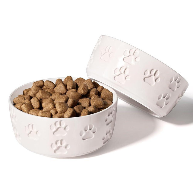 Ceramic Dog Bowl Set with Anti-Slip Rings - 5" Round x 2" Tall Set of 2 Ceramic Dog Bowls for Small Dogs - Small Dog Bowls - Dog Food and Water Bowl - White Dog Food Bowls - Dog Bowls Small Size Dog