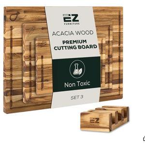 Set of 3 Acacia Edge Grain Cutting & Charcuterie Boards with Extra Stand, Reversible Knife-Friendly Wooden Design with Juice Groove & Handles, Non-Toxic, Gift Box Included
