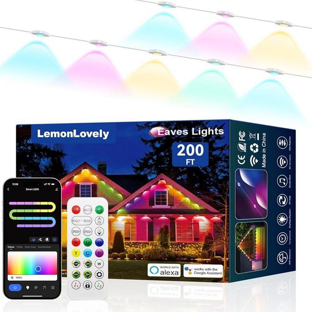 lemonlovely RGB+IC Permanent Outdoor Lights -Smart Eave Lights for House 200ft with 144 LED IP67 Waterproof Eternity Lighting for Daily Decor, Work with Remote, APP, Alexa, Google Assistant