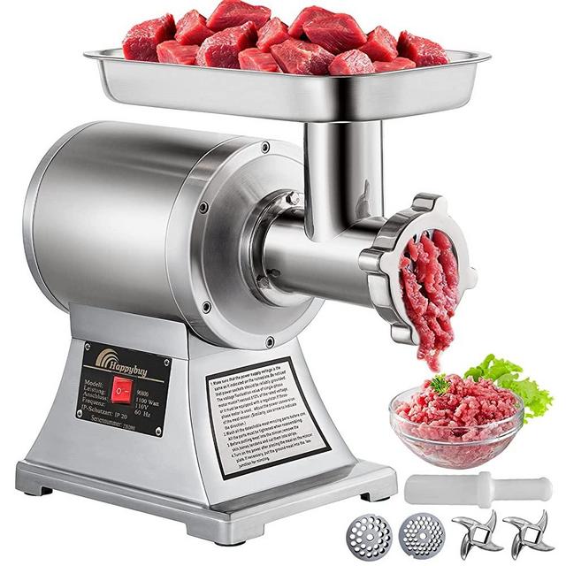 Happybuy Commercial Meat Grinder,550LB/h 1100W Electric Sausage Stuffer, 220 RPM Heavy Duty Stainless Steel Industrial Meat Mincer w/2 Blades, Grinding Plates & Stuffing Tubes
