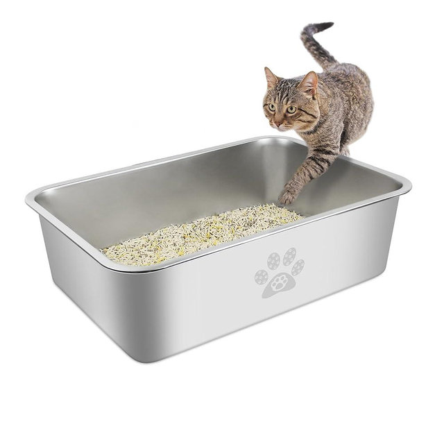 PWTAA Stainless Steel Cat Litter Box High Side Cats Toilet Metal Kitten Litter Pan, Pet Cleaning Tool for Big and Small Cats, Rabbits, Splash-Proof and Non-Stick Cat Poop Box odorless 19.7"x13.8"x5.9"