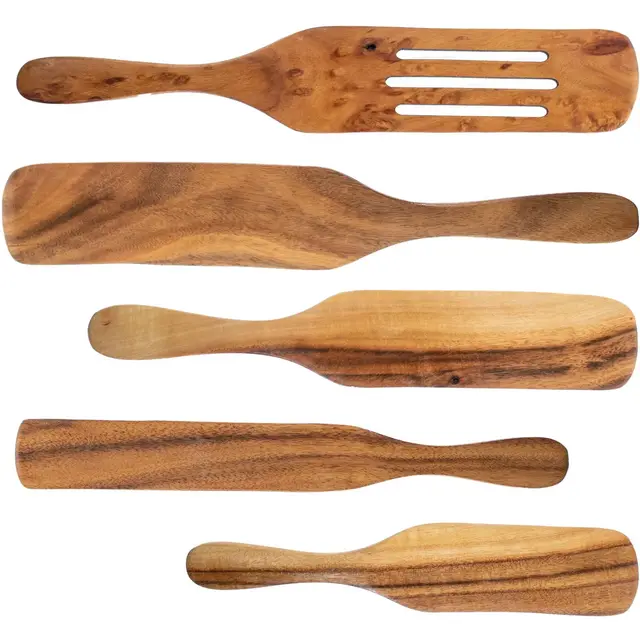 5 Star Super Deals 5pc Natural Teak Wood Spurtle Spoon Utensil Set - Ergonomic Wooden Kitchen Spatulas - for Stirring, Serving, Scraping, Mixing