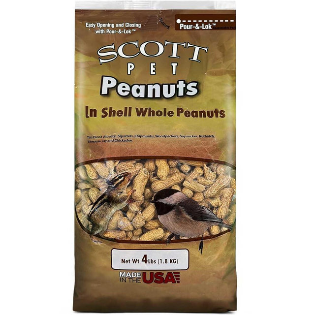 Scott Pet Wild Bird Seed, Whole Peanuts, 4 lbs Bag, No Mess, Feed, Great Source of Protein and Fiber, Peanuts for Outside Wild Birds