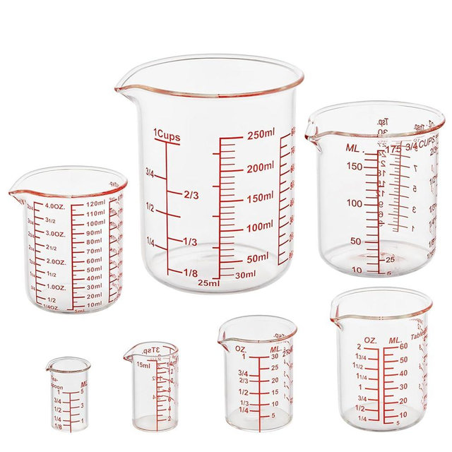 High Borosilicate Glass Measuring Cup Set-V-Shaped Spout，Includes 5ml/15ml/30ml/60ml/120ml/150ml/250ml Glass Measuring Beaker for Kitchen or Restaurant, Easy to Read(Pack of 7)