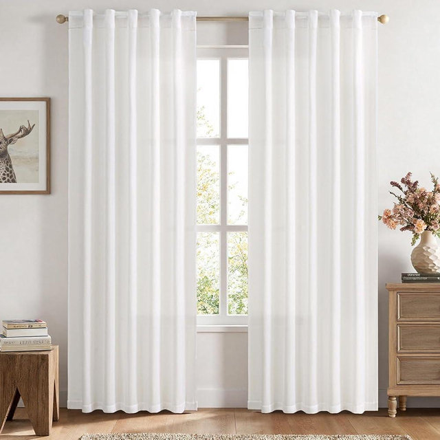MIULEE Faux Linen Curtains 90 Inch Length 2 Panels Heathered White Semi Sheer Curtain with Back Tab Rod Pocket, Light Filtering Window Privacy Burlap Drapes for Living Room Bedroom 42W x 90L