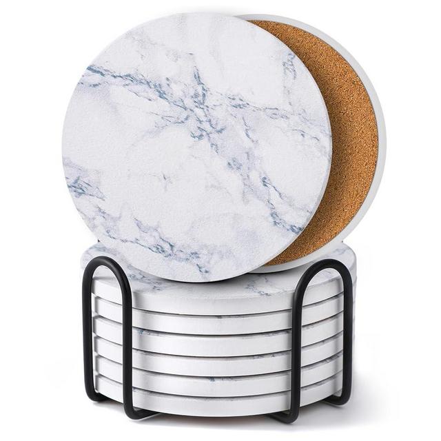 LIFVER Coasters Set of 8 for Drinks, White Marble-Style Anti-Slip Absorbent Drink Coasters with Holder, Modern Stone Coasters Ideal Housewarming Gifts for Home Patio Decor Coffee Bar Accessories