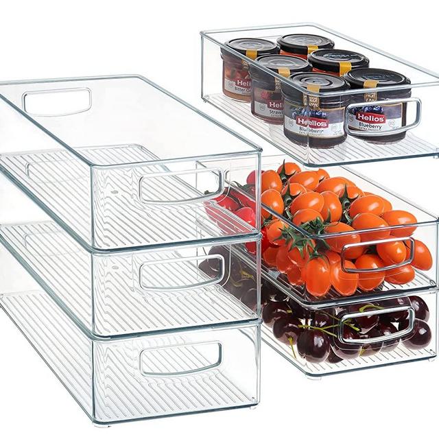 Set Of 6 Refrigerator Organizer Bins (3 Large & 3 Medium sizes) - Stackable Fridge Organizers for Kitchen, Freezer, Countertops, Cabinets - Clear Plastic Pantry Food Storage Rack