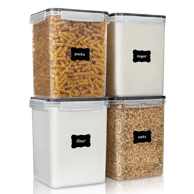 Large Food Storage Containers 5.2L / 176oz, Vtopmart 4 Pieces BPA Free Plastic Airtight Food Storage Canisters for Flour, Sugar, Baking Supplies, with 4 Measuring Cups and 24 Labels, Black