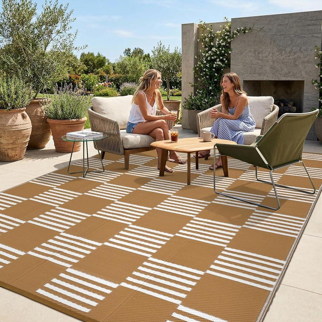 Garvee Waterproof Outdoor Rug 8x10, Checkered Foldable Plastic Straw Patio Camping Rug, Outdoor RV Carpet for Deck Camper Porch Balcony Backyard Picnic Beach Tan