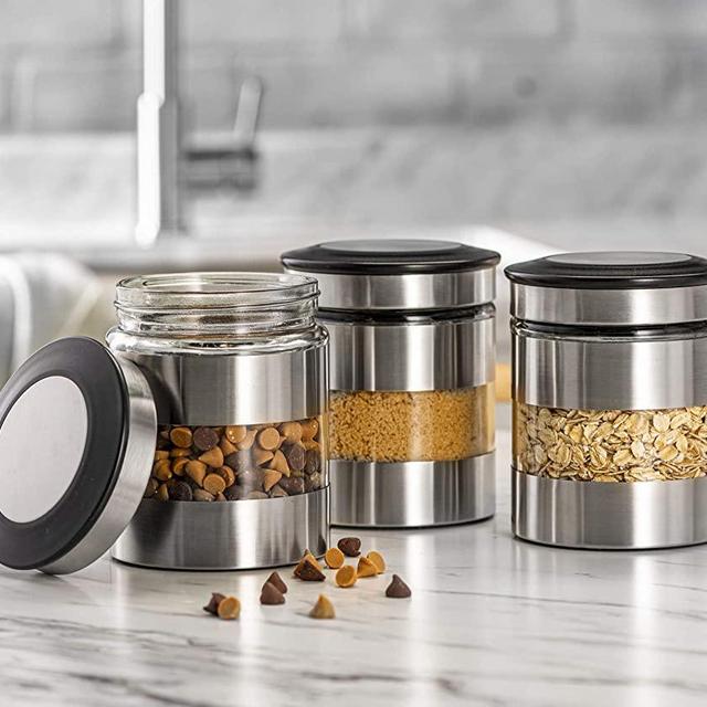 Le'raze Airtight Food Storage Container for Kitchen Counter with Window, [Set of 3] Canister Set Ideal for Flour Tea, Sugar, Coffee, Candy, Cookie Jar