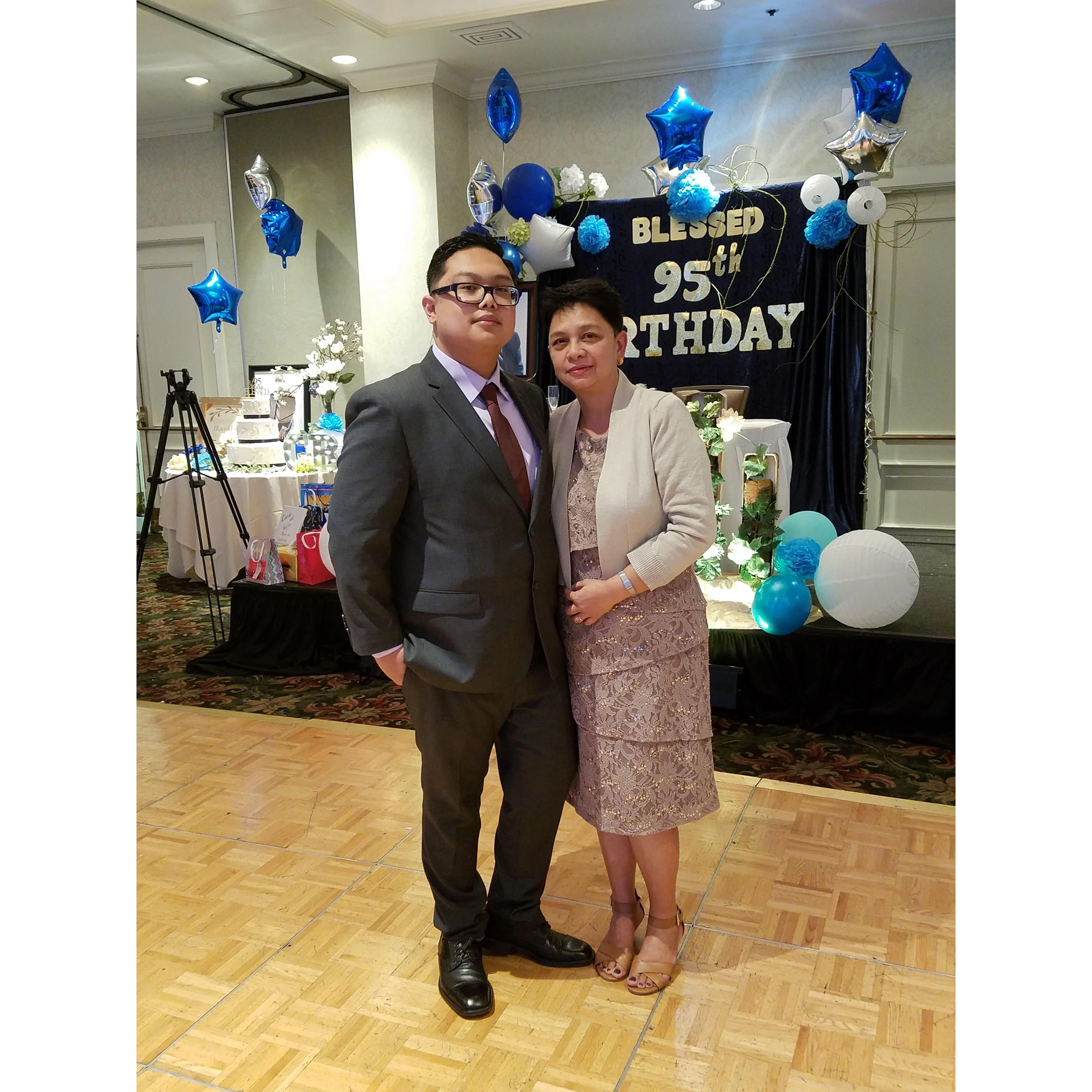 Jan and his mom, Criselda, during Lolo Emoy's 95th birthday party