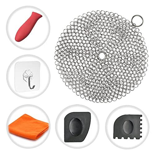 Cast Iron Cleaner Cosmer XL 7x7 inch Premium Stainless Steel Chainmail Scrubber with Bonus Silicone Hot Handle Holder + Pan Scraper + Grill Scraper + Kitchen Towel + Wall Hook (Round)