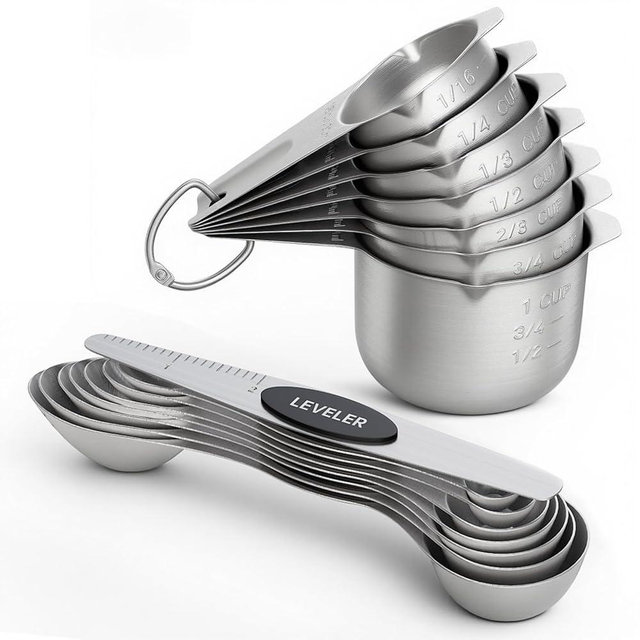 ChefAide Measuring Cups and Spoons Set, 304 Stainless Steel Measuring Cups Set of 7,8 Magnetic Stainless Steel Measuring Spoons & 1 Leveler for for Measure Dry and Liquid Ingredients