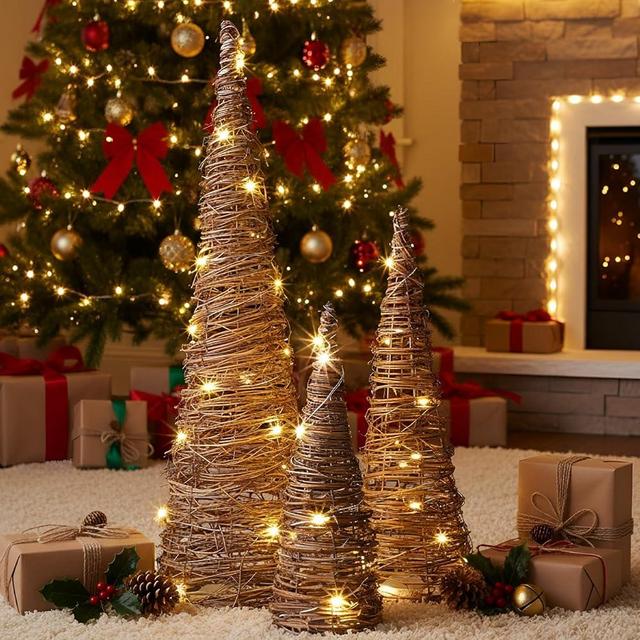 Jenaai 3 Lighted Christmas Rattan Table Tree - 24'' 16'' 12'' Christmas Rattan Cone Trees Pre-lit Rustic Xmas Decor with LED Lights & Metal Frame for Home, Porch, Holiday Centerpiece Decoration
