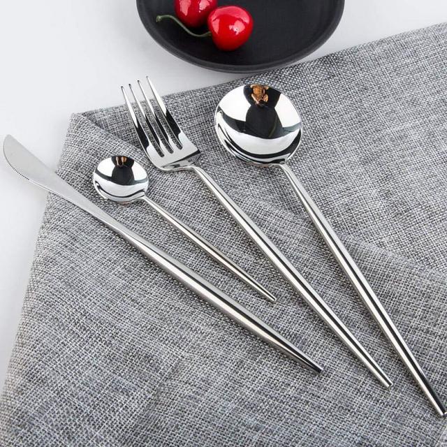 Happy-W 24Pcs Shiny Dinnerware Set 18/10 Stainless Steel Smooth Gold Cutlery Set Mirror Black Dinnerware @Silver 24pieces