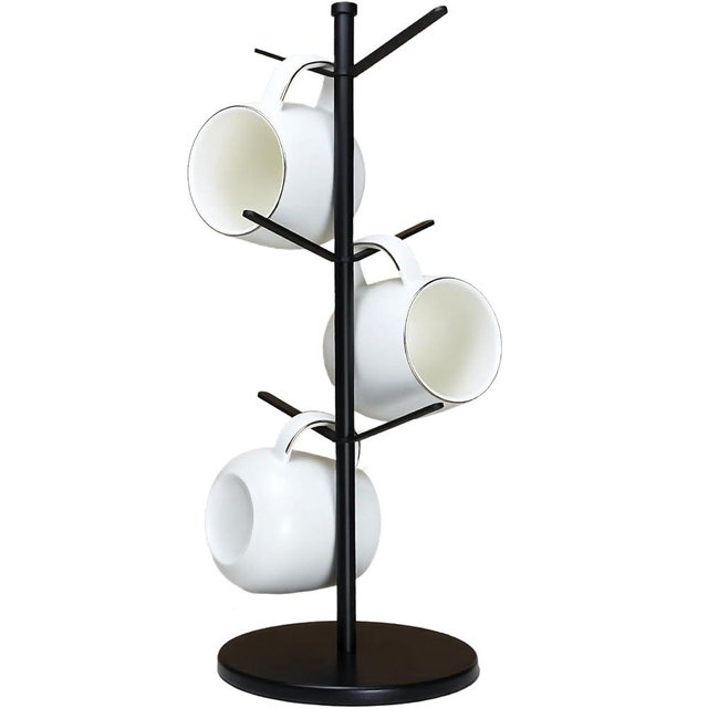 ZOMETUO Premium Mug Tree, 6 Hooks Upgraded Stable Metal Mug Holder, Bamboo Base Coffee Mug Cup Rack for Counter Top, Mug Display, Home Storage and Cup Organizer, Black
