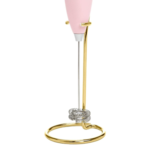 Electric Handheld Milk Frother with Double Coil Head Whisk and Gold Metal Stand, Battery Powered (2 AA Batteries Required but Not Included), Pink Sparkle Finish