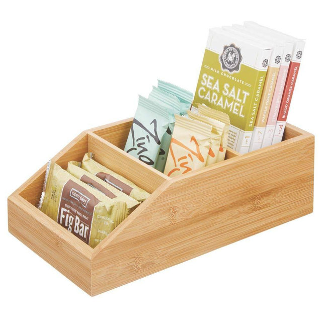mDesign Bamboo Wood Food Storage Bin with Divided 3 Compartments and Sloped Front for Kitchen Cabinet, Pantry, Shelf to Organize Seasoning Packets, Powder Mixes, Spices, Snacks - Natural