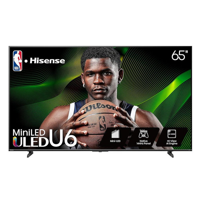 Hisense 65" Class U6 Series Mini-LED 4K UHD Smart Fire TV (65U65QF, 2025 Model) - QLED, Native 144Hz, HDR10+, Dolby Vision IQ, Dolby Atmos, Game Mode Pro, ALLM, Alexa Built in, Black