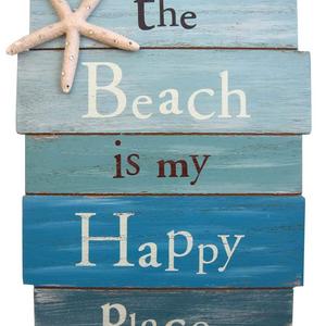 Grassland Roads - Grasslands Road The Beach Is My Happy Place - Plank Board Sign with Starfish and Rhinestone Accents White, Blue 12" X 9"