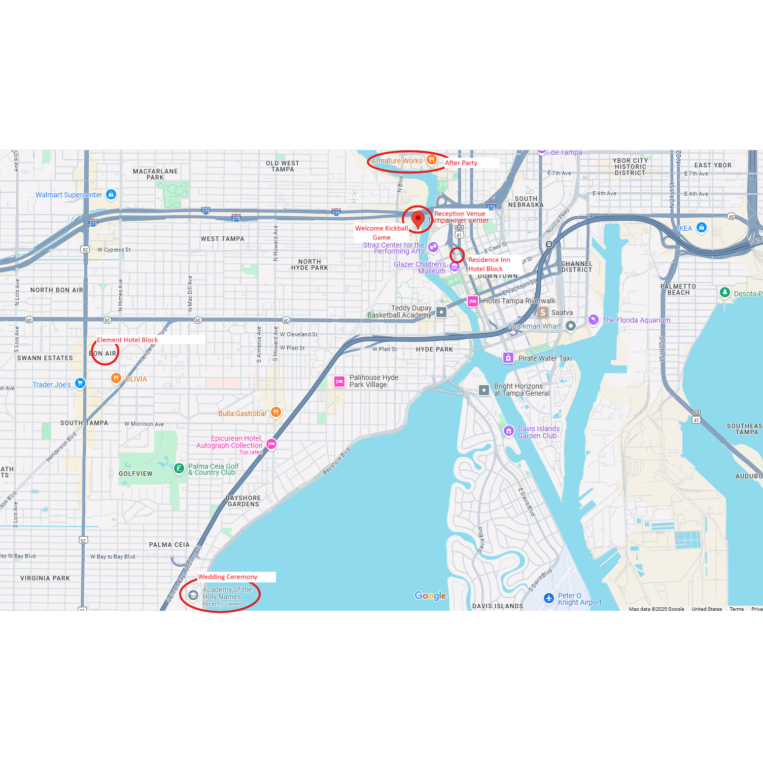 This map has all of the wedding weekend locations circled and hotels in which we have a room block at.